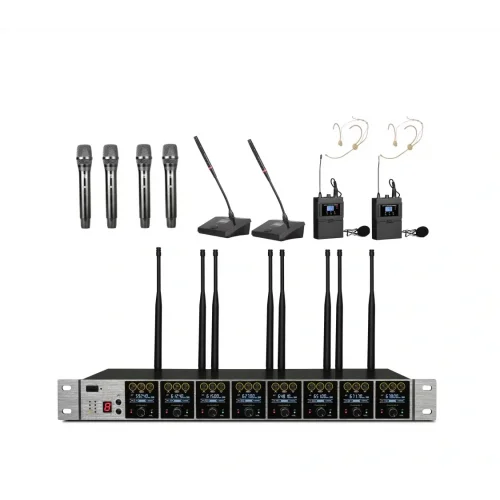 K.Meister UW-3820 8 Mikrofonlu Kablosuz Konferans Mix Set 4 EL + 2 Kürsü + 2 Yaka + Headset