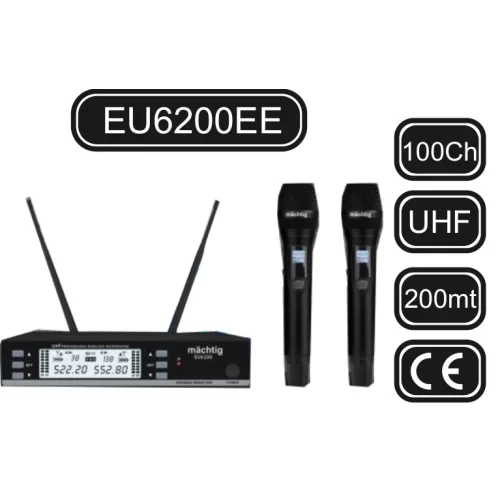 Matching EU6200EE Çift EL Kablosuz Mikrofon Seti, 2x100 Kanal, 200-metre mesafe