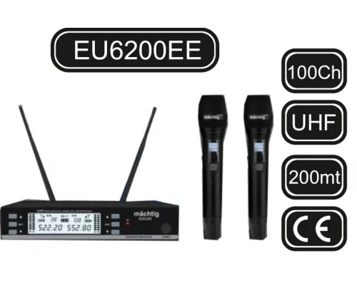 Matching EU6200EE Çift EL Kablosuz Mikrofon Seti, 2x100 Kanal, 200-metre mesafe