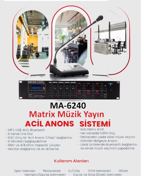 DECON Matrix-6240 6 Bölgeli Matrix Müzik Yayın ve Acil Anons Sistemi