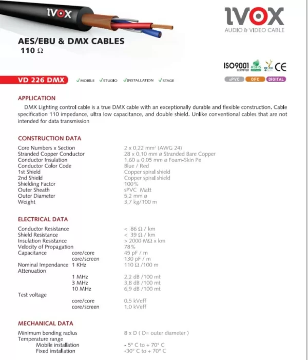 IVOX VD 226 DMX Sinyal Kablosu 120 ohm 2*0,22mm2 (100mt-Rulo)