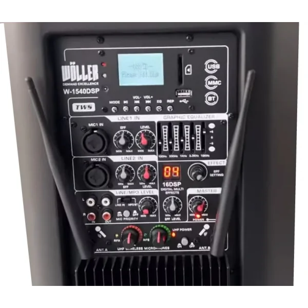 Wöller W-1540 Taşınabilir Aktif Hoparlör 15 400W | Çift El Kablosuz Mikrofonlu | USB, Bluetooth