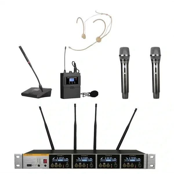 K.Meister UW-3435 4 Mikrofonlu Kablosuz Mix Set, 2 EL + 1 Yaka + 1Headset + 1 Kürsü