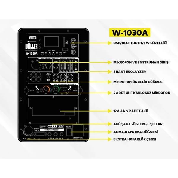 Wöller Mobil Hoparlör W-1030A, Çift El Mikrofonlu, Şarjlı, 2+3 Kanal