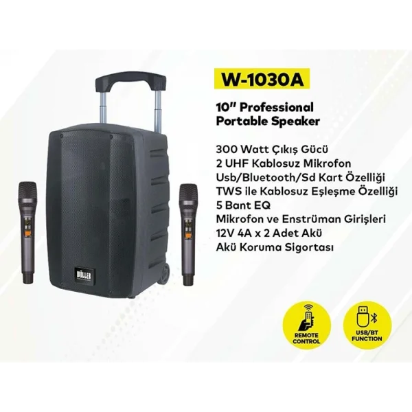 Wöller Mobil Hoparlör W-1030A, Çift El Mikrofonlu, Şarjlı, 2+3 Kanal