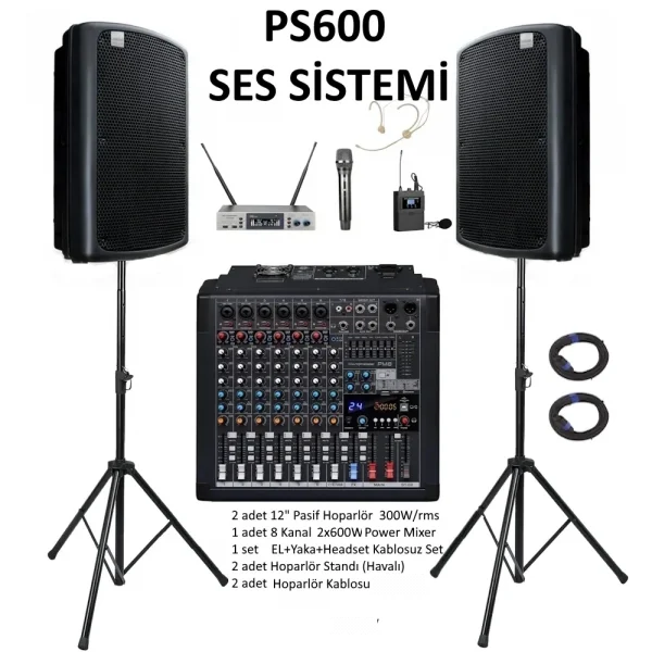 ERASET PS600 Ses Sistemi (BUNDLE) Powermixer + 2 adet 12 Pasif Hoparlör + Kablosuz Set