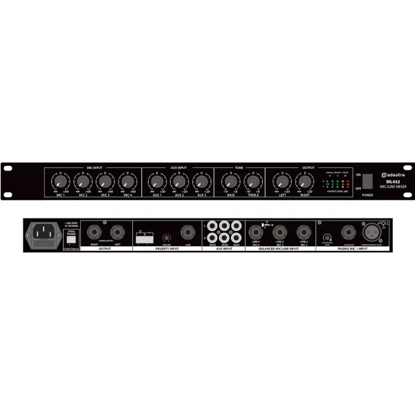 Adastra ML432 1U Ultra İnce 4 Kanal Mikser 4 Mic-3 Stereo Aux Giriş +20V Phantom