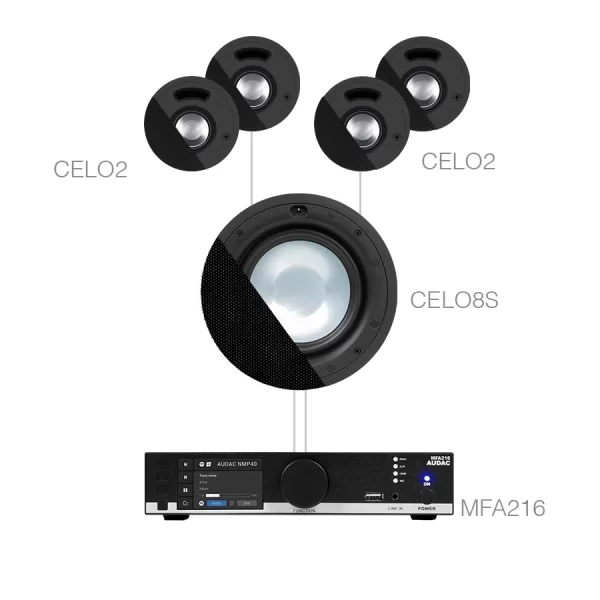 Audac CENTO2.5 Ses Sistemi MFA216 + CELO8S + 4 x CELO2 Restoran, Cafe Mağaza (200m2)