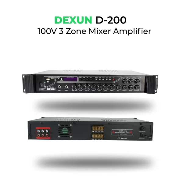 DEXUN D200 Mixer-Ampli 100W/100V 3-volüm kontrol, USB/BT