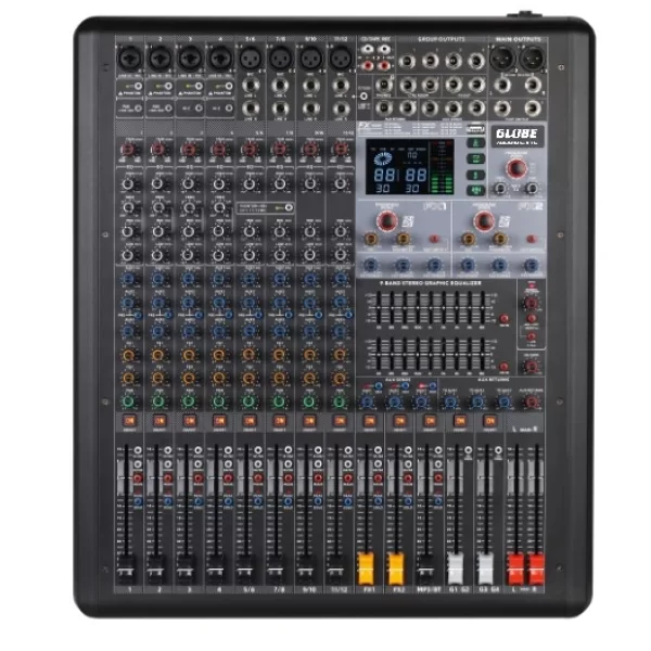 Globe GMX1202FX 12 input Live Mikser, 4 mono+ 4 stereo, Çift efekt, USB, Kayıt, Bluetooth