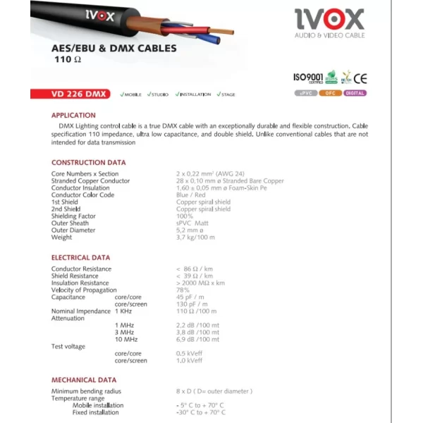 IVOX VD 226 DMX Sinyal Kablosu 110 ohm 2*0,22mm