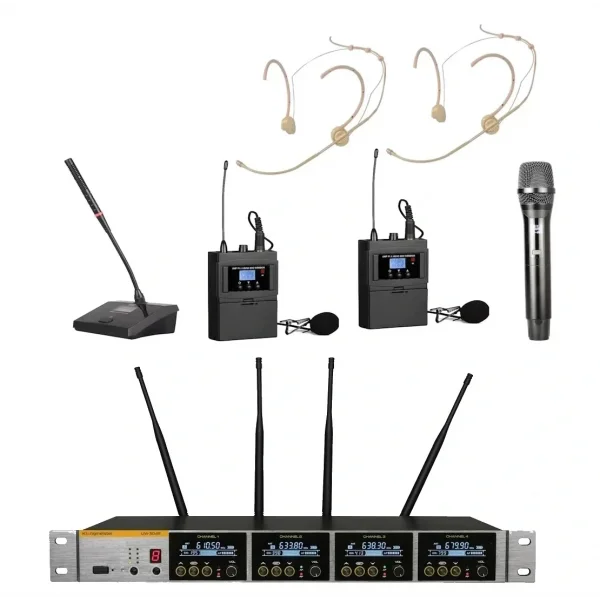 K.Meister UW-3426 4 Mikrofonlu Kablosuz Mix Set, 1 EL + 2 Yaka + 2 Headset + Kürsü