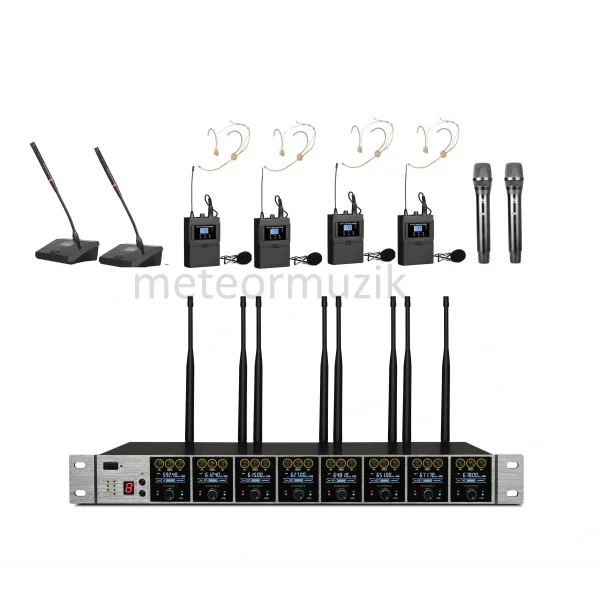 K.Meister UW-3810 8 Mikrofonlu Kablosuz Mikrofon Seti, 2 kürsü + 2 El + 4 Yaka + 4 Headset