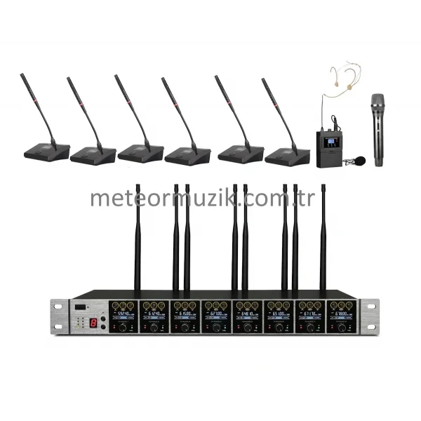 K.Meister UW-3825 8 Mikrofonlu Kablosuz Mikrofon Seti, 6 masa + 1 El + 1 Yaka + 1 Headset