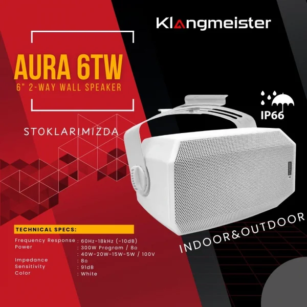 K.Meister Aura 6T 6 Outdoor Duvar Hoparlörü, IP66, 300W 8-ohm, 40W/100V Kademeli