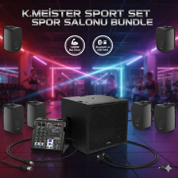 K.Meister SPORT-PA-SET Hazır Ses Sistemi Bundle, 6 Uydu + 1 Sub + Mixer , Bluetooth, USB