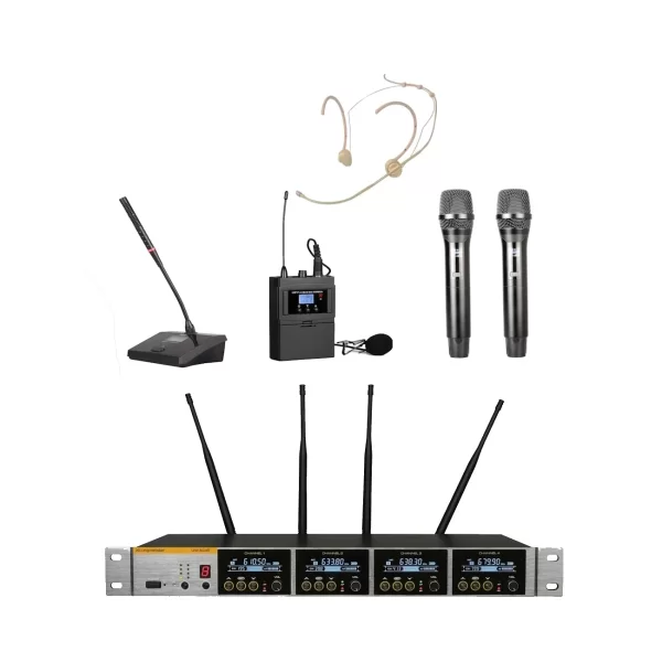 Klangmeister UW-3420 4 Mikrofonlu Kablosuz Mix Set, 2 EL + Yaka + Headset + Masa Üstü