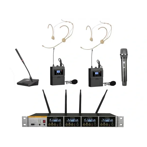 K.Meister UW-3415 4 Mikrofonlu Kablosuz Mix Set, 1 EL + 2 Yaka + Headset + Kürsü