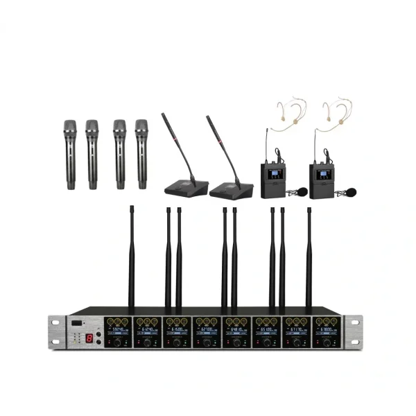 K.Meister UW-3820 8 Mikrofonlu Kablosuz Konferans Mix Set 4 EL + 2 Kürsü + 2 Yaka + Headset