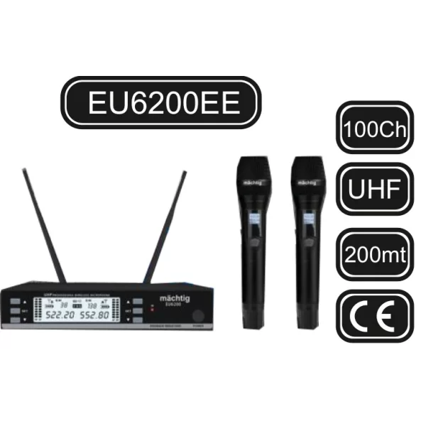 Matching EU6200EE Çift EL Kablosuz Mikrofon Seti, 2x100 Kanal, 200-metre mesafe