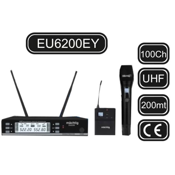Matching EU6200EY EL + YAKA Kablosuz Mikrofon Seti, 2x100 Kanal, 200-metre mesafe