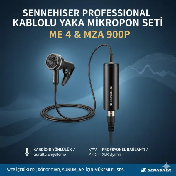 Sennheiser Kablolu Yaka Mikrofonu, XLR bağlantılı ME 4 + MZA 900P