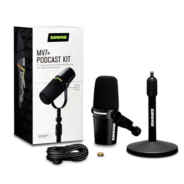 Shure MV7+ BUNDLE |XLR/USB Podcast Yayın Mikrofonu ve stand (K-Black)