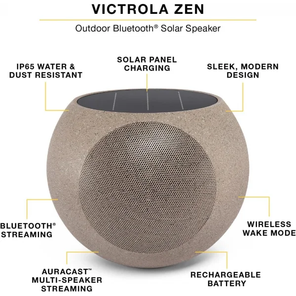 Victrola Zen – Kablosuz Dış Mekan Bluetooth Güneş Enerjili Hoparlör – IP65 Hava Koşullarına Dayanıklı, Güneş Enerjisiyle Şarj, Auracast Kullanarak Çoklu Hoparlör Bağlantısı (Tekli, Taş Rengi)