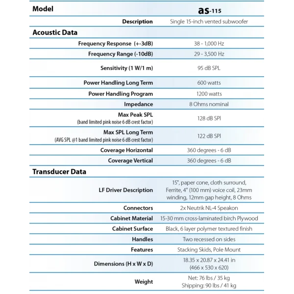 VUE audiotechnik as-115 15 Pasif Subwoofer