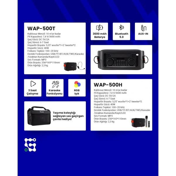 Westa WAP-500T 6 Taşınabilir Ses Sistemi | 50W Headset Mikrofonlu, Bluetooth, USB