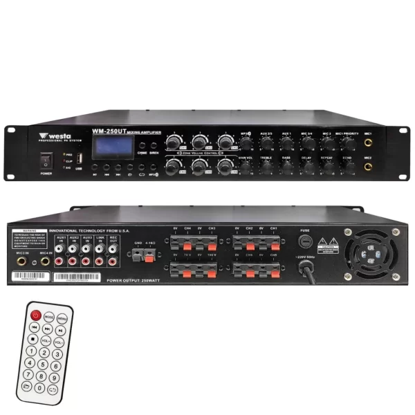 WESTA WM-250UT 6-zone Mixer-Ampli 250W/100V 16-ohm Usb/BT
