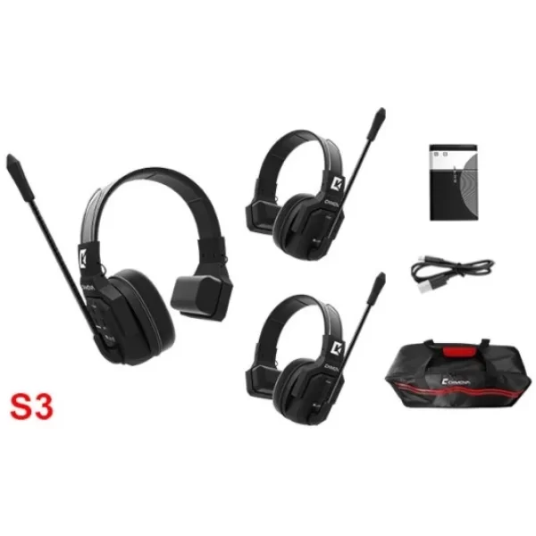Wicom E-S3 Wireless intercom communication system with single earpiece for 3 people, 400 meters range, 1 Master + 2 Headset