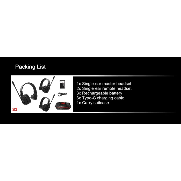 Wicom E-S3 Wireless intercom communication system with single earpiece for 3 people, 400 meters range, 1 Master + 2 Headset