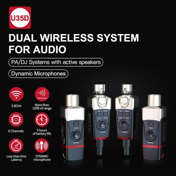 Xvive XV-U35D Kablosuz Mikrofon Sistemi - Çift Mikrofon için Alıcı + Verici Set, Kablolu Mikrofonu Kablosuza çevirici