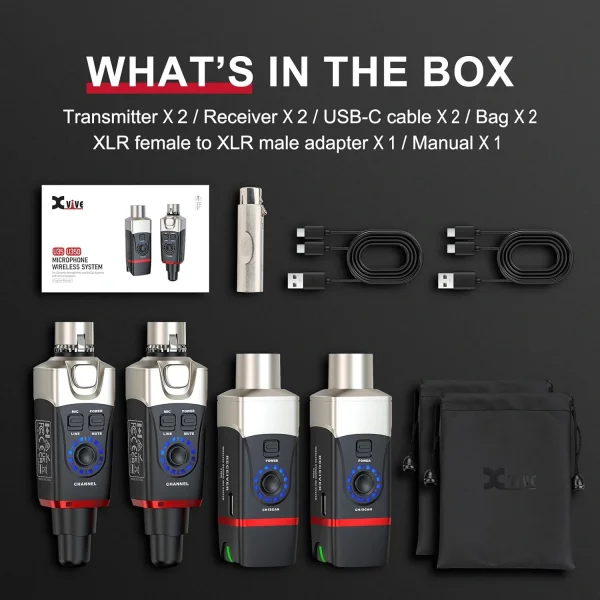 Xvive XV-U35D Kablosuz Mikrofon Sistemi - Çift Mikrofon için Alıcı + Verici Set, Kablolu Mikrofonu Kablosuza çevirici