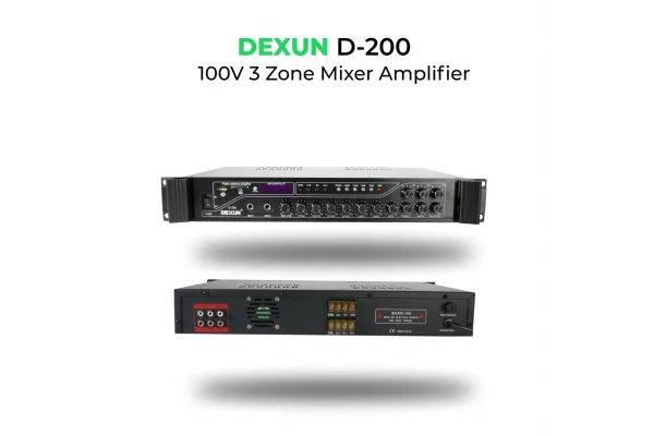 DEXUN D200 Mixer-Amplifier 100W/100V 3-zone volüm kontrol, USB/BT