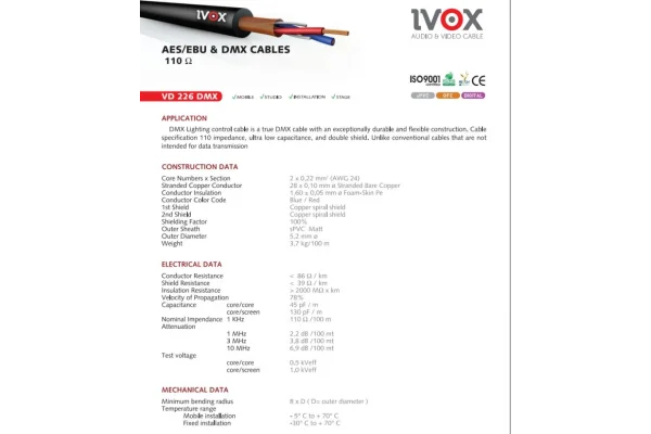 IVOX VD 226 AES/EBU DMX Kontrol Kablosu 2x0,22mm. 110-ohm (100 Mt.)