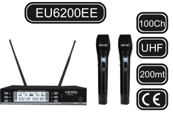 Matching EU6200EE Çift EL Kablosuz Mikrofon Seti, 2x100 Kanal, 200-metre mesafe