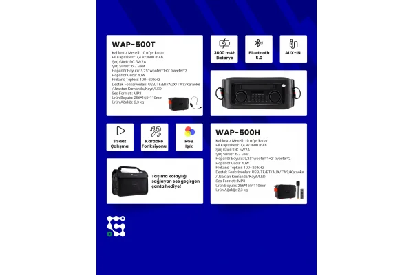 Westa WAP-500T 6 Taşınabilir Ses Sistemi | 50W Headset Mikrofonlu, Bluetooth, USB