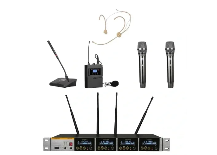 K.Meister UW-3435 4 Mikrofonlu Kablosuz Mix Set, 2 EL + 1 Yaka + 1Headset + 1 Kürsü