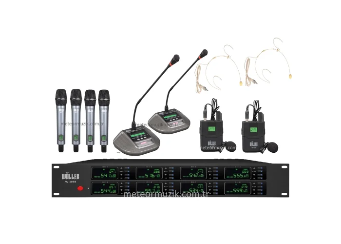 Wöller Kablosuz Mikrofon Seti W-8000, 8 Mikrofonlu Mix Set, 4 EL + 2 Kürsü + 2 Yaka + 2 Headset