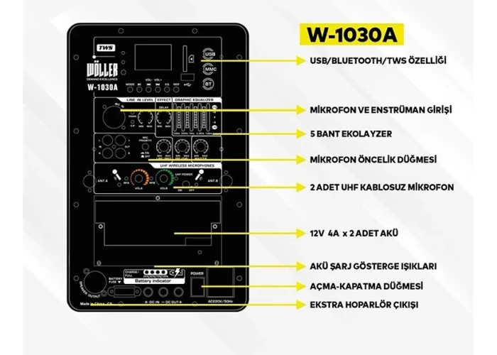 Wöller Mobil Hoparlör W-1030A, Çift El Mikrofonlu, Şarjlı, 2+3 Kanal