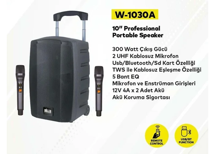 Wöller Mobil Hoparlör W-1030A, Çift El Mikrofonlu, Şarjlı, 2+3 Kanal