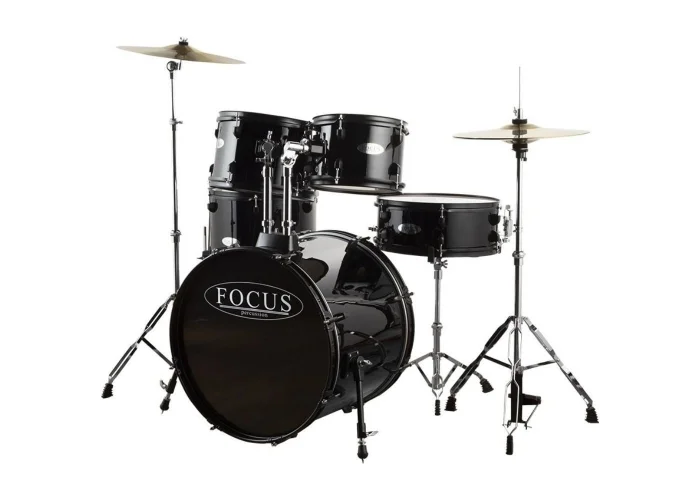 FOCUS FCP0803-BK - 5 Parça (20B/10T/12T/14F/14S) Aksamlı & Zilli Siyah Akustik Davul Seti