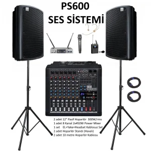 ERASET PS600 Aktif Ses Sistemi (BUNDLE) Power Mixer + 2 adet 12 Pasif Hoparlör + Kablosuz Set