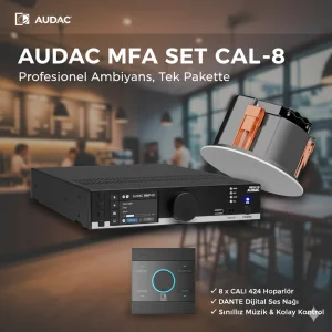 Audac MFA-SET CAL8, Network Tabanlı 2 Bölge ve Lokal Kontrollü Ses Sistemi, Mobil Kontrol, 160W/100V, CALI Serisi Tavan Hoparlörü ve MFA 216 ile