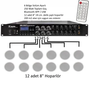 Meteor R200 200m2 | Restoran & Mağaza Ses Sistemi | 250W 12 Tavan Hoparlörü
