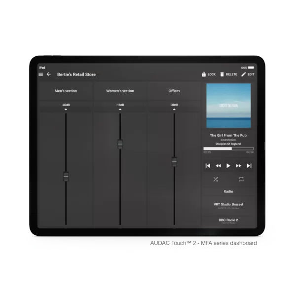 Audac MFA216 Mobil ve APP Kontrol Network Mixer Amfi 2x80W/4-ohm, 160W/100V
