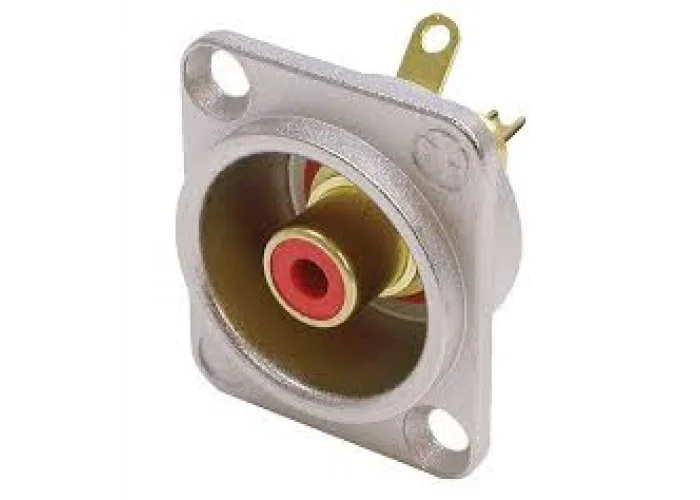 Neutrik NF2D-2 Phono socket in nickel D-shape housing, red isolation washers, solder version.