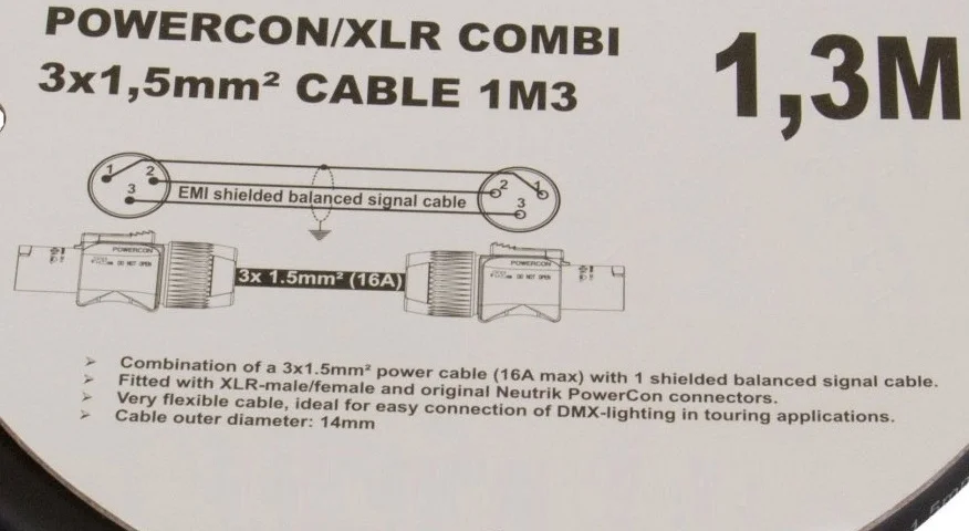 Metex DMX-PCA15xx Hybrid DMX &amp; Aktif Hoparlör Kablosu 1.3-metre (3x1,5mm + 2x0.22)